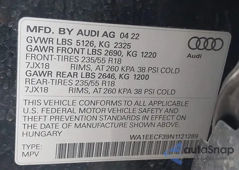 2022 Audi Q3 Premium Plus 45 Tfsi S Line Quattro Tiptronic z USA, uszkodzony, nr VIN WA1EECF39N1121289